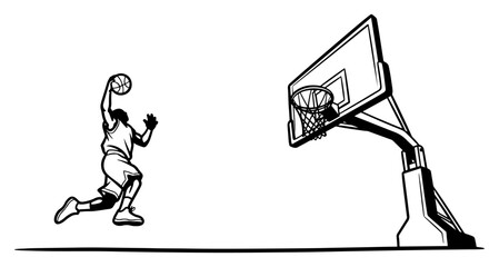 Basketball player jumping for slam dunk near professional hoop in vintage engraving style © Cristiano