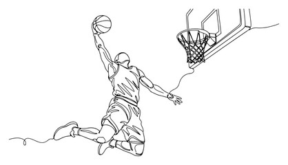 Basketball player performing slam dunk jump in continuous line art style © Cristiano