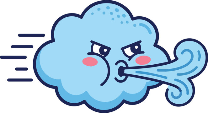Angry blue cloud character blowing wind vector illustration