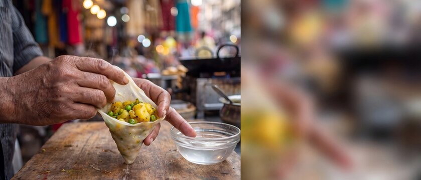 Close up of hands folding a thin pastry dough wrap filled with seasoned potatoes and green peas on a wooden table at a street food stall with a blurred market background