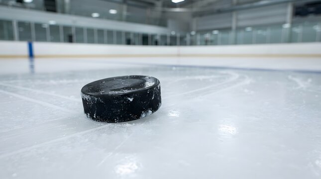 Black ice hockey puck on rink. Professional sports equipment sliding on cold arena ice.