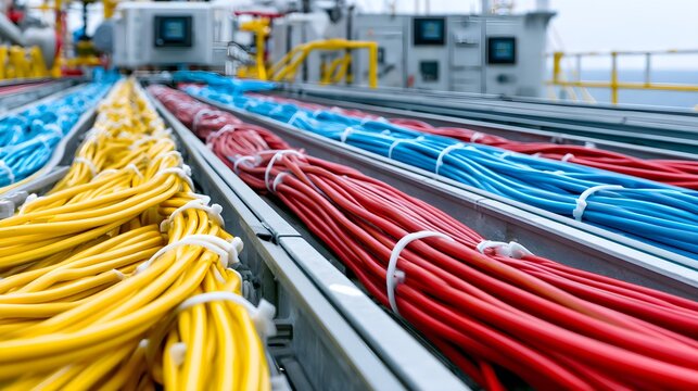 Industrial power cables in cable trays, colorful electrical wiring on offshore platform, heavy duty infrastructure for energy sector