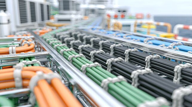 Industrial power cables on metal cable trays, heavy duty electrical wiring on offshore platform, colorful insulated wires for energy distribution