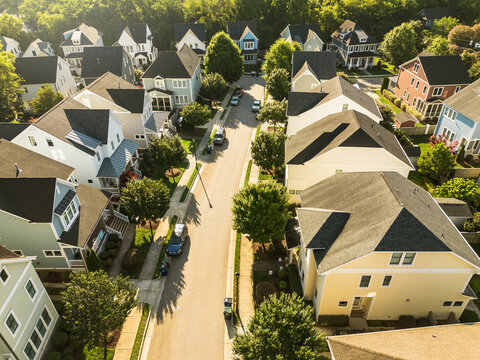 Aerial view of a new housing development with luxury homes in Raleigh, North Carolina