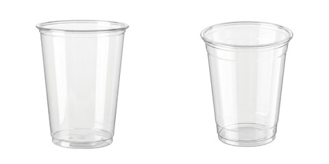 empty clear plastic cups isolated on transparent background