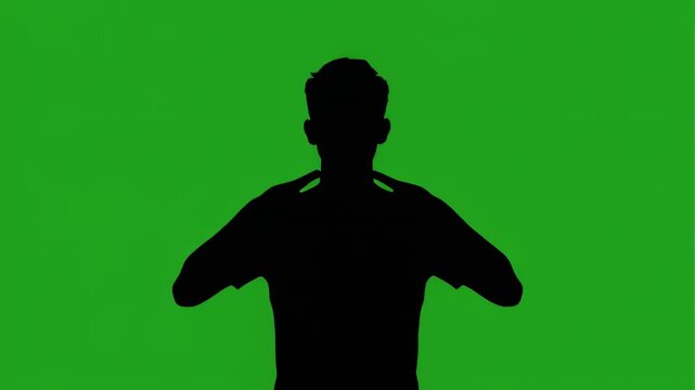 Silhouette figure performs arm movements against a vibrant green screen backdrop in a clean studio setting