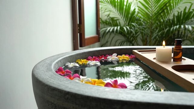 Tranquil Close-up View of a Luxurious Stone Bathtub with Floating Tropical Flowers and Lit Candle in a Serene Spa Environment.
