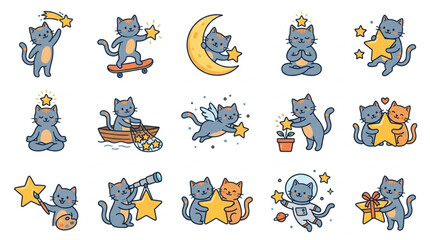 Playful cartoon cats in various fun activities. © Sungkem