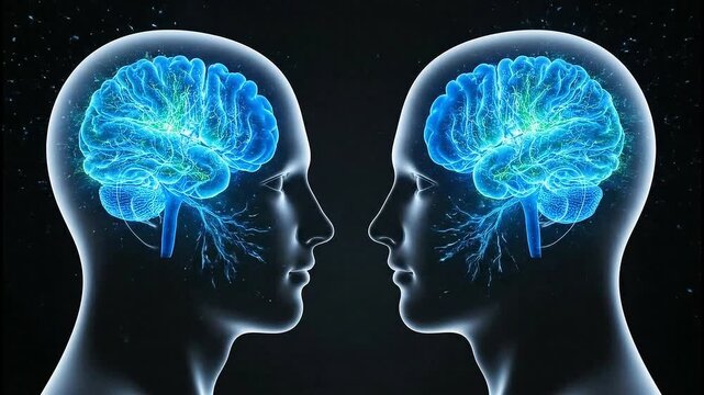 Mind Connection: Two transparent human head silhouettes facing each other, revealing glowing blue brains with intricate neural pathways, symbolizing thought, cognition, and connection.