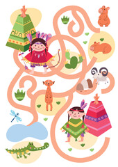 Vector cartoon maze puzzle game for kids. Help the cute native american boy and girl find the way to their wigwam tepees through wild animals including capybara, bighorn sheep, meerkat, and alligator. © alisa_rut