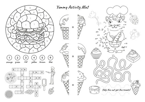 Food activity worksheet for children. Black and white educational game set including color by number burger, ice cream half matching game, connect the dots cat chef, crossword puzzle.