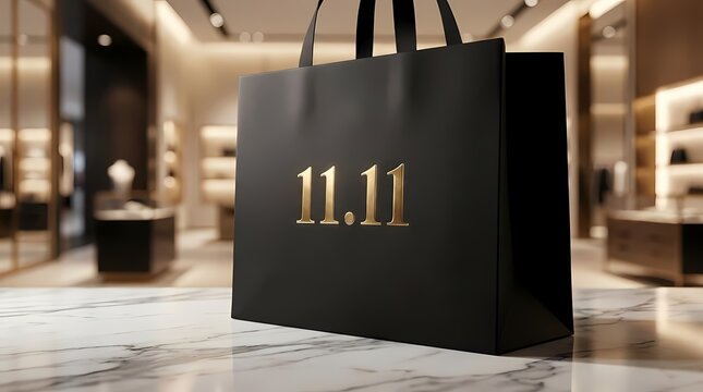 Black luxury shopping bag with gold 11.11 text on marble.