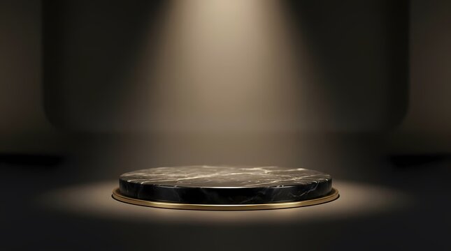 Black marble pedestal with gold trim and spotlight.
