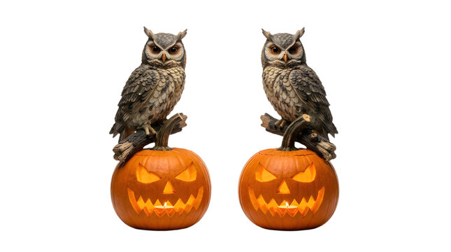 Two decorative owls perched on glowing jackolantern pumpkins isolated on transparent background