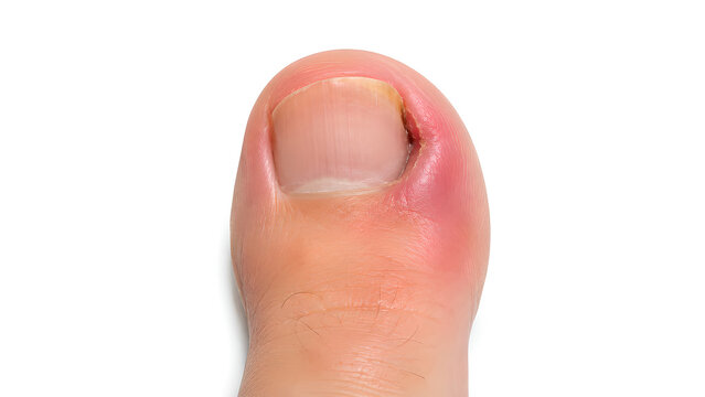 Ingrown toenail with inflamed nail fold in photorealistic medical education close-up on white clinical background for podiatry, healthcare communication, and patient education design use