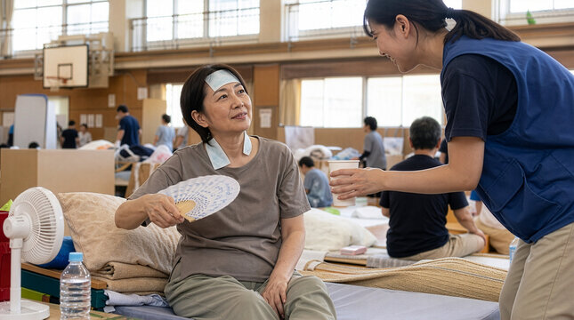 避難所で扇風機とうちわを使い体調を整える女性、スタッフの気遣いと支援の様子 / Woman cooling herself with a fan at a disaster evacuation shelter, receiving caring support from a staff member
