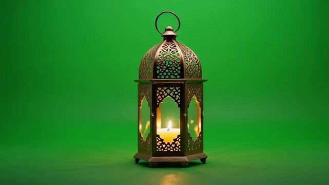 Ornate Islamic lantern glows with warm light on a vibrant green background during twilight