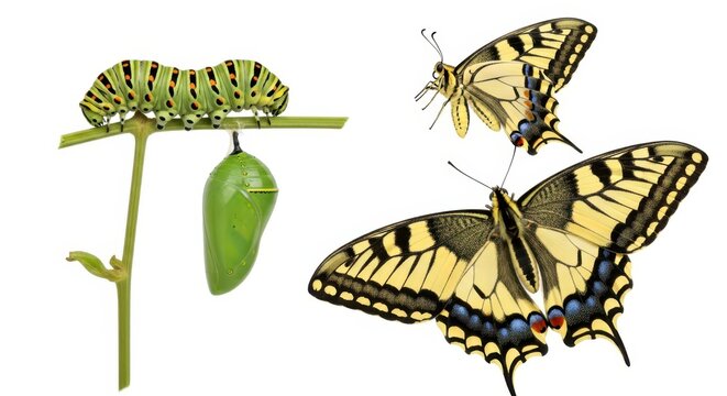 Life Cycle of the Old World Swallowtail Butterfly Papilio Machaon with Caterpillar Chrysalis and Adult Isolated on White