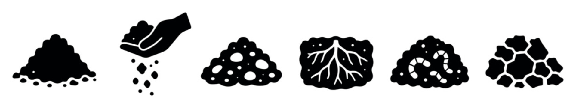 Soil and compost vector icons set showing soil pile, hand holding soil, compost heap with bacteria, fertilized soil with roots, worm-rich compost, and peat or mulch soil material