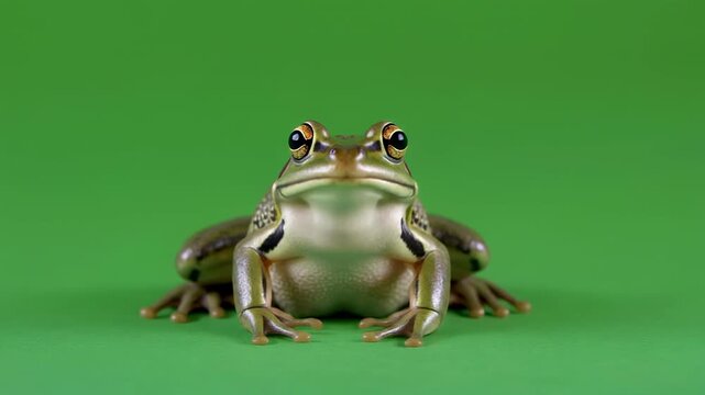 Six frogs sit patiently on a vibrant green background with cinematic lighting for commercials