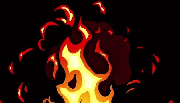 Cartoon fire animation on a black background. Bright flames flare up in rhythmic bursts, intensify and fade, creating a dynamic fiery video background.