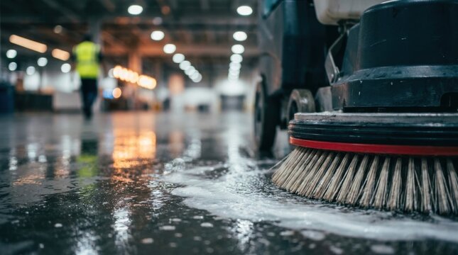 Industrial floor scrubber machine cleaning a warehouse floor