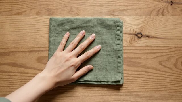 A sequence shows hands carefully folding and smoothing a green linen napkin on a light wooden tabletop, showcasing a calm and methodical domestic routine.