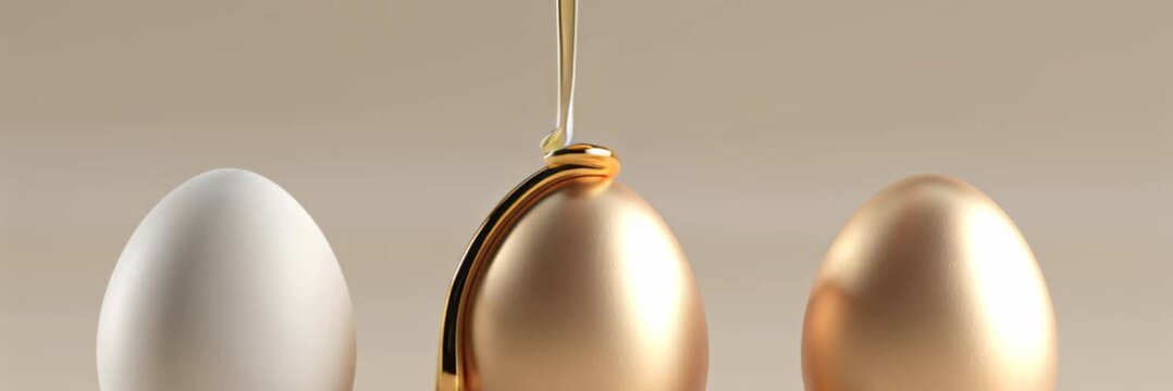 White and golden Easter eggs on a warm background, festive luxury, spring prosperity, website banner with copy space for text