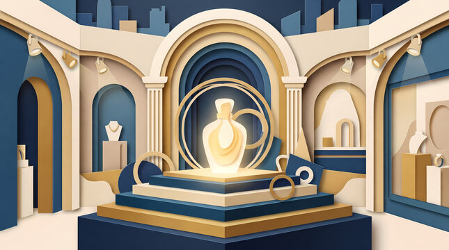 Layered Paper-Cut Luxury Boutique Display Window with Jewelry Pedestal