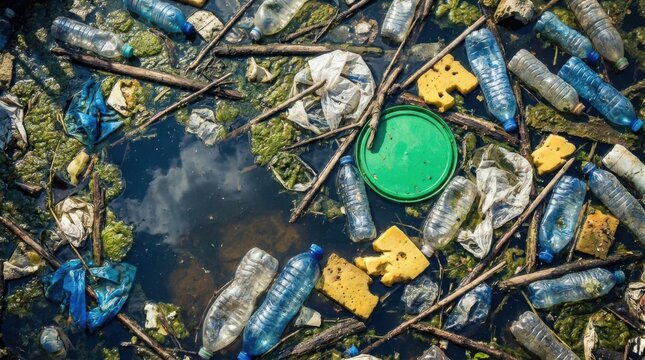 Polluted water surface filled with plastic waste and debris