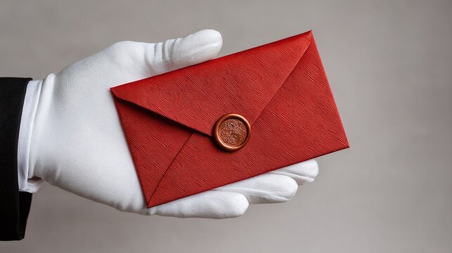 A pristine white gloved hand, elegantly clad in a sharp black suit, extends a rich red textured envelope, meticulously sealed with a classic, ornate wax seal, conveying formality and a message