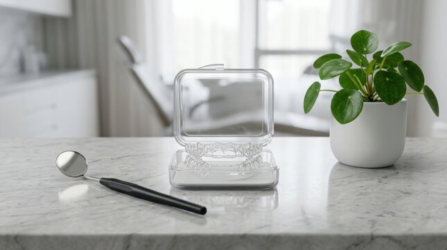 Clear dental aligners in case with mirror and plant on marble counter