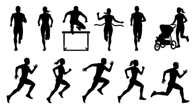 Set of black silhouettes of people running and athletes doing sports