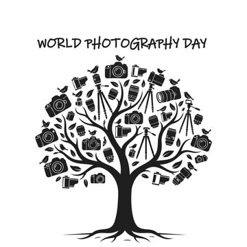 World Photography Day Vector Design with Camera Tree Concept and Photography Icons
