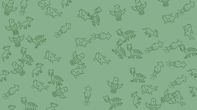 Marine life elements repeat across this sage green background to form a charming and whimsical illustration.