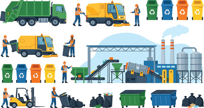 Waste management and recycling facility vector set with garbage trucks workers and sorting equipment in flat style