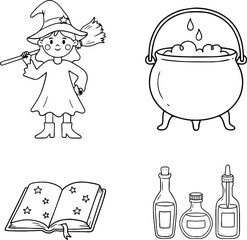 Cute Halloween vector line art set featuring cartoon witch with broom cauldron magic spell book and potion bottles for children coloring page