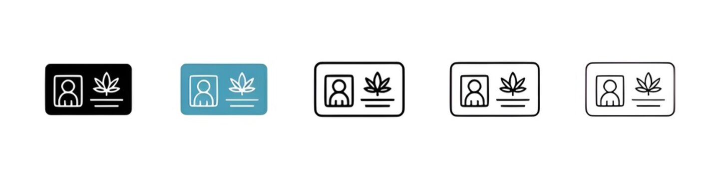 Legal Cannabis Card and Industry Icons. Medical Marijuana License and Sativa ID. Thin line customizable illustration. Contour symbol. Vector isolated outline drawing. Editable stroke