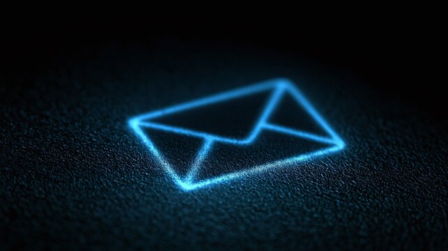Vibrant Blue Digital Mail Envelope Icon Illuminates Dark Textured Surface, Symbolizing Modern Communication, Connectivity, and Online Messaging Technology