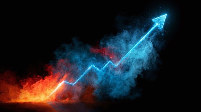 Dynamic glowing arrow graph signifying business growth, financial success, market increase, and investment gains amidst contrasting fiery red and cool blue smoke on a dark background