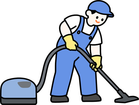 Professional cleaner man using vacuum cleaner vector illustration, cleaning service concept