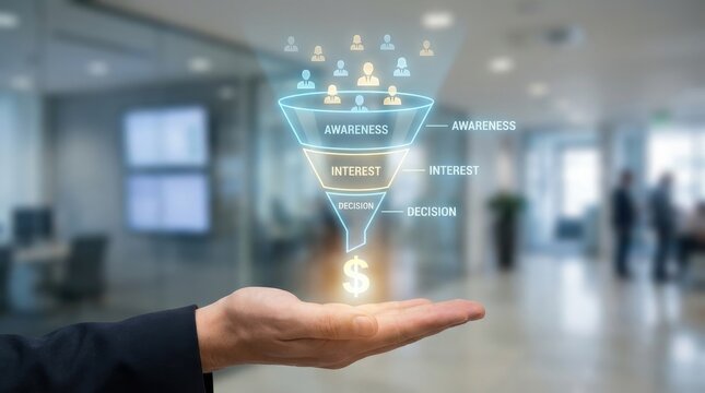 Hand holding sales funnel with awareness, interest, decision, and dollar sign.