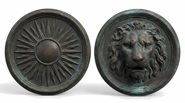 Bronze sun and lion head decorative plates.
