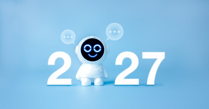 Friendly happy cute robot replaces the zero in 2027 with speech bubbles on a blue background. AI chatbots, virtual assistance, automated customer service and future digital communication concept.