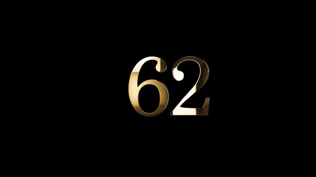 Number 62 in gold style with gold particles and transparent background, sixty two