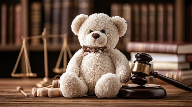 Charming teddy bear beside legal symbols: scales of justice and a gavel, representing child welfare, family law, or the protection of innocent rights in a judicial context