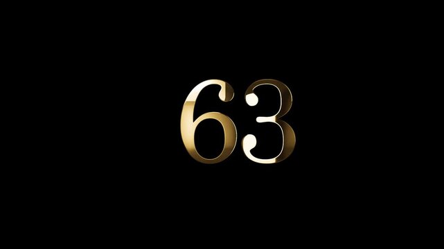 Number 63 in gold style with gold particles and transparent background, sixty three
