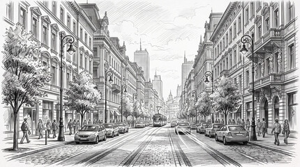 Obraz premium Vintage Style Architectural Street Scene Illustration