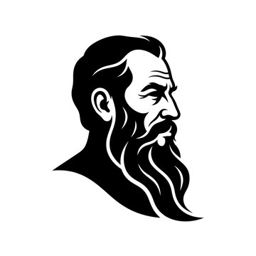 Side profile of a bearded man with flowing hair in black and white.