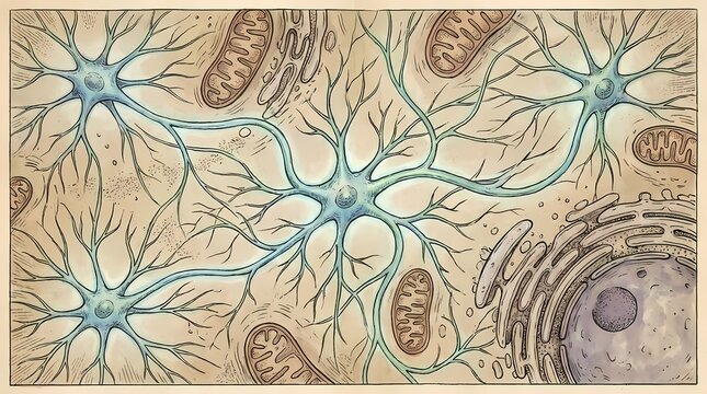 Biological illustration of neurons and mitochondrial cells